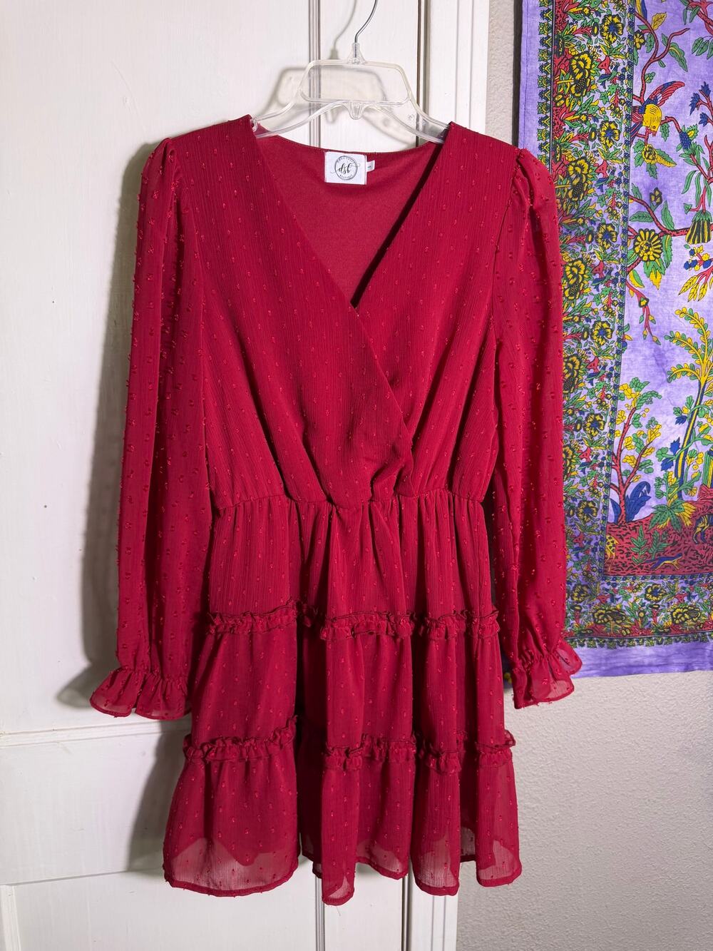 Dang Sassy Red Swiss Dot Dress S Tiered Ruffle Long Sleeve Mini Dress